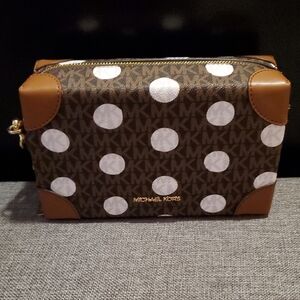 Michael Kors Brown and White Polka Dot Toiletry Bag